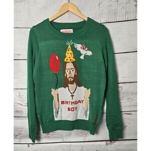 Tipsy Elves Womens Sweater M Green Birthday Boy Jesus Ugly Christmas Sweater